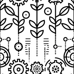 Black and white pattern with flowers and gears, suitable for industrial or floral themes