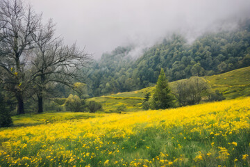 Obraz premium Golden rapeseed field blooms under blue sky, painting rural landscape with vibrant yellow