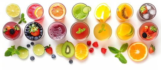 Set of various fresh fruit cocktails, smoothies. isolated on white background. View from above. 