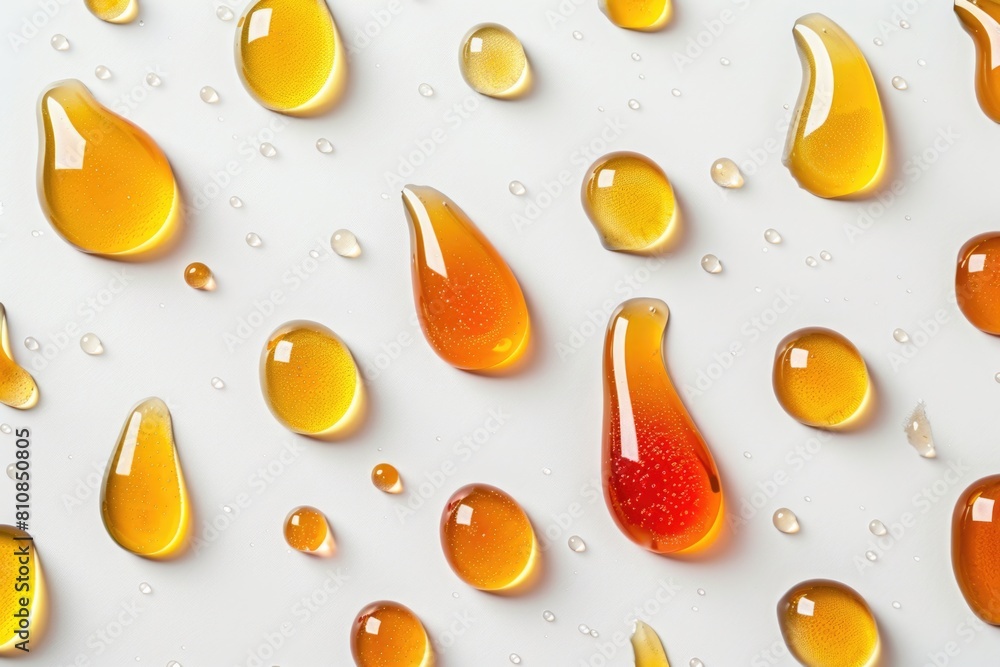 Poster Close-up of numerous liquid drops on a plain white background. Versatile image for various design projects