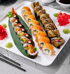 Assorted sushi platter on elegant white table