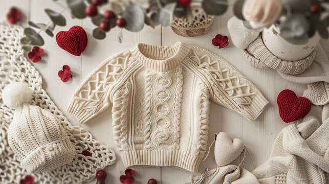 Gender neutral baby shoes and accessories over beige background. baby shower or birth announcement cards, with neutral theme frame , knitted socks, toys and cute accessories - Powered by Adobe