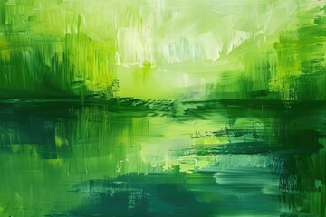 A painting of a serene green river with trees in the background. Suitable for nature-themed designs