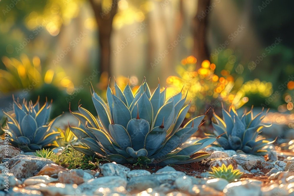 Poster an enchanting capture of succulents illuminated by the golden glow of the setting sun, emphasizing t