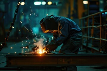 A man in a blue jacket welding metal. Suitable for industrial concepts