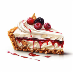 Illustration of Piece of Tasty Fruit Pie on White Background. Fruit Tart with Fresh Fruits, Berries, Cream, Jam, Raspberries, Cherries, Blackberries, Almonds.