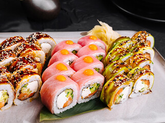 Assorted sushi platter on modern plate