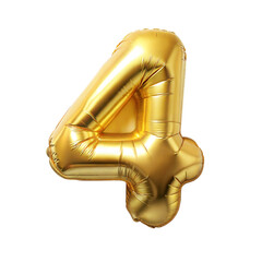 A shiny gold foil number 4 balloon floats against a white backdrop