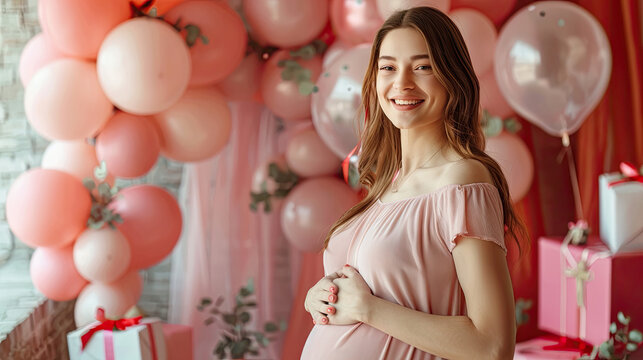 Beautiful pregnant woman holding  her tummy and smiling during baby shower with balloons decor in background 
