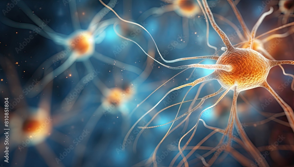 Poster a close up of a bunch of neurons with a yellow blob in the middle. the neurons are connected to each