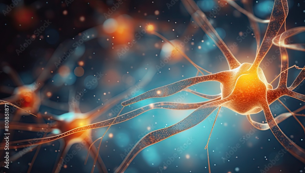 Poster a close up of a bunch of neurons with a yellow blob in the middle. the neurons are connected to each