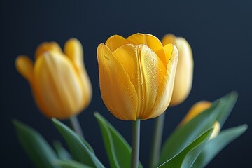 Naklejka premium Cluster of yellow tulips illuminated against a dark background with a selective focus on the water droplets
