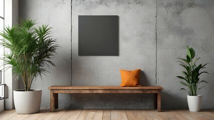 interior with blank white mock up poster on concrete wall decorative plants wooden bench