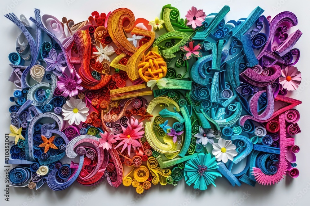 Poster vibrant display of paper flowers and letters, versatile for various projects