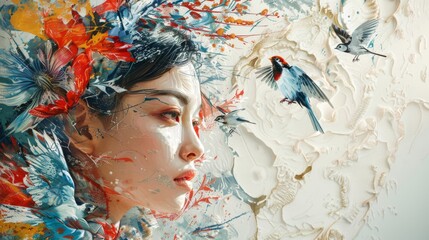 A beautiful woman with birds, in the style of Chinese oil painting