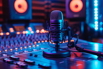 A Professional microphone on an audio desk, neon lights, dark blue and purple color theme, podcast studio background