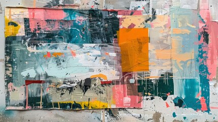 Abstract collage of torn paper and paint, in various shades of pink