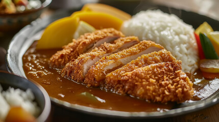 Close-up of tonkatsu with rice, sliced cabbage, and lemon wedge