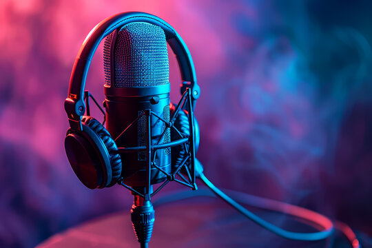 A Professional microphone with headphones, podcast Recording studio, with neon light blue and purple colors blurry background - Powered by Adobe