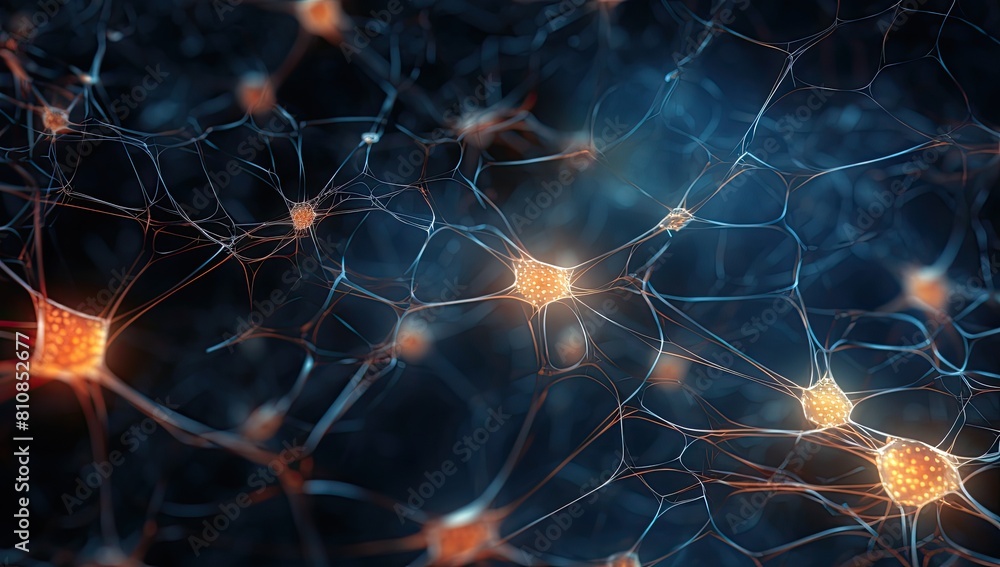 Poster a close up of a bunch of neurons with a yellow blob in the middle. the neurons are connected to each