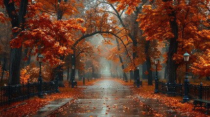 Stroll through a city park draped in autumn colors.