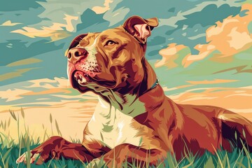 A brown and white dog relaxing in the grass, suitable for pet and nature themes