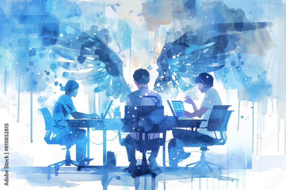Poster Group of people using laptops at a table. Suitable for business and technology concepts