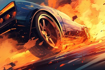 Muscle car drifting and burning wheels in flames and smoke. Ai Generative
