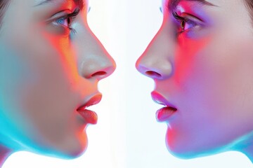 Two women standing in front of a mirror, reflection showing them facing each other. Suitable for lifestyle and relationships concepts