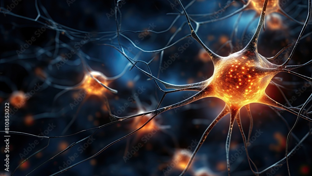 Poster a close up of a bunch of neurons with a yellow blob in the middle