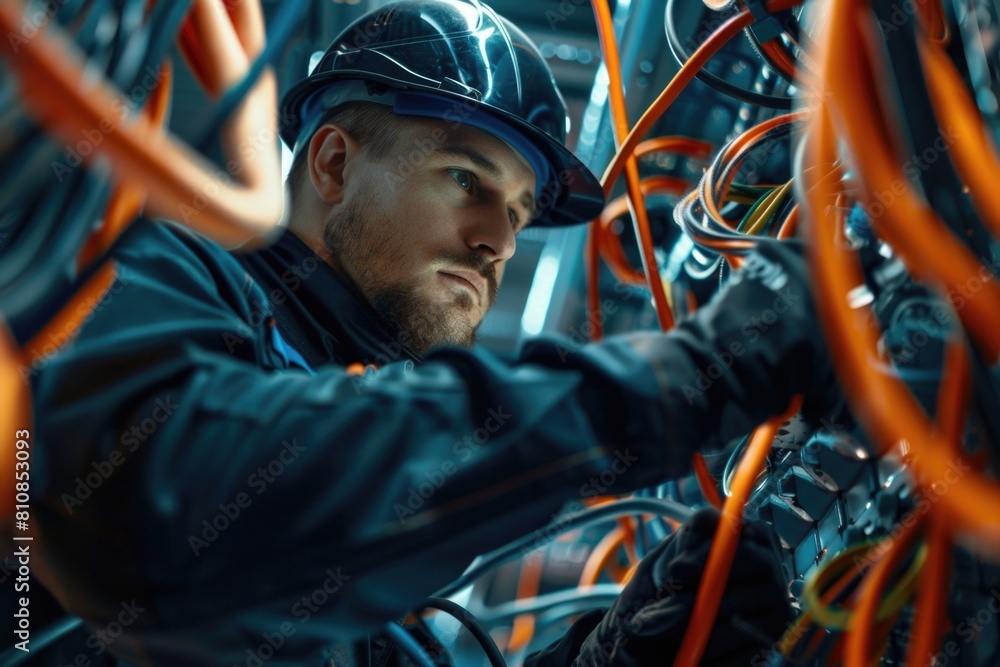 Poster a man in a hard hat working on wires. suitable for construction and maintenance projects