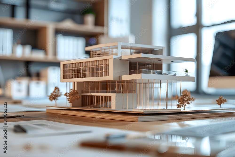 Poster a close up of a model of a building on a desk