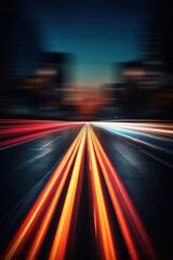 Light trails on the road in the city at night. Long exposure with blurred background. Ai Generative