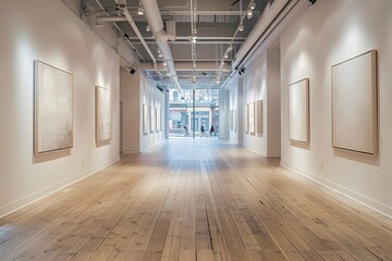 A long hallway adorned with artwork on wooden walls