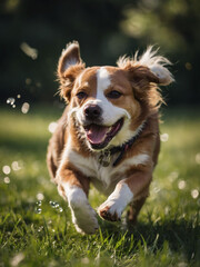 Cheerful Pooch Frolicking, Happy Dog Enjoying Playtime on Summer Grass
