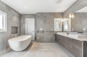 A minimalist bathroom with grey walls, white floors and a freestanding bathtub, featuring two wall vanity tables above the tub on one side