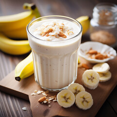 Banana Milkshake Decorated with Fruits and Nuts Portions Around on Dark Wooden Table. Banana Smoothie in Jar.