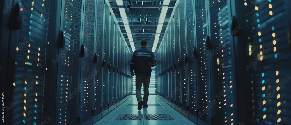Aufkleber mechanic working in data center. walking among rows of servers.