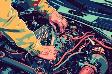 A man is working on a car engine. Suitable for automotive repair services