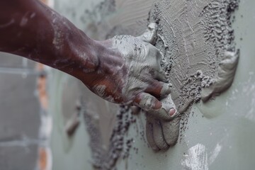 A person is shown putting cement on a wall. Suitable for construction projects