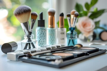 Many makeup brushes and makeup products on a table