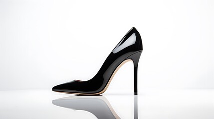 Create an image showcasing a pair of sleek black stiletto heels against a minimalist white background, exuding sophistication and elegance.