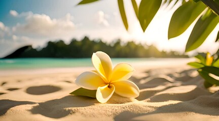 Tropical panoramic background with frangipani flowers on beach	