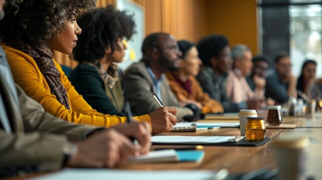 Taking notes at local meeting in community center.