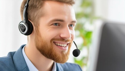 Male telemarketer support consultant and telephone customer helpdesk service operator man.