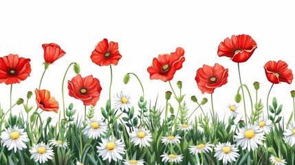 A white background with red poppies and chamomile flowers