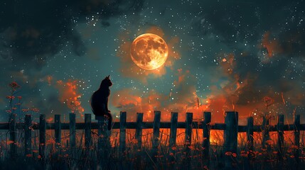 Visualize a mystic scene with a black cat silhouetted against a glowing full moon, perched atop an old wooden fence.