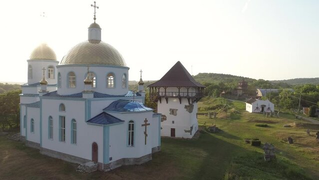 Aerial sunset 4k footage  of Busha state Historical and Cultural Reserve, located on Podillya, Vinnytsa region, Ukraine.