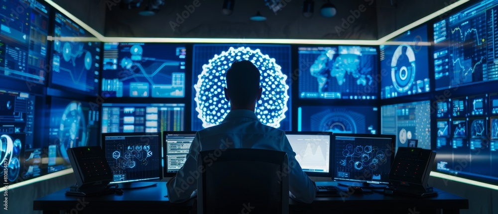 Poster system control room technical operator at workstation with multiple displays showing graphics. data 