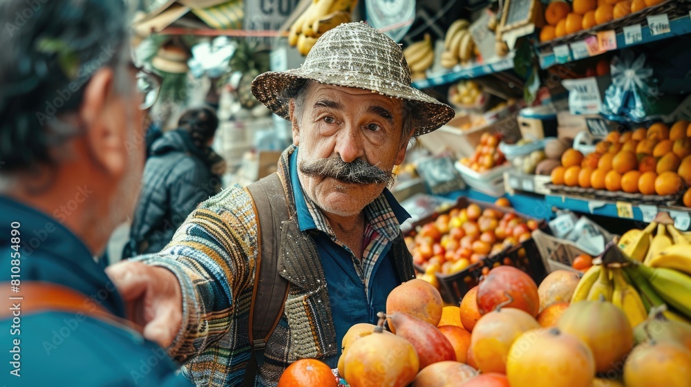 Poster A man in a straw hat standing in front of a fruit stand. Suitable for food market concepts